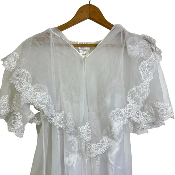Vintage Appel Nightgown Robe Full Length Set Medium Sheer Beaded Lace White - Picture 4 of 11